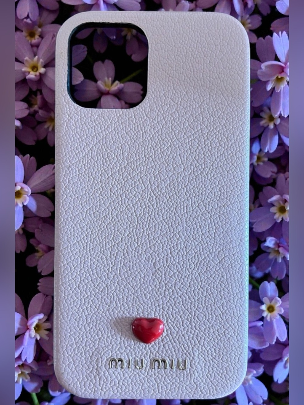 Miu Miu Light Pink Leather Phone Case with Red Heart Accent